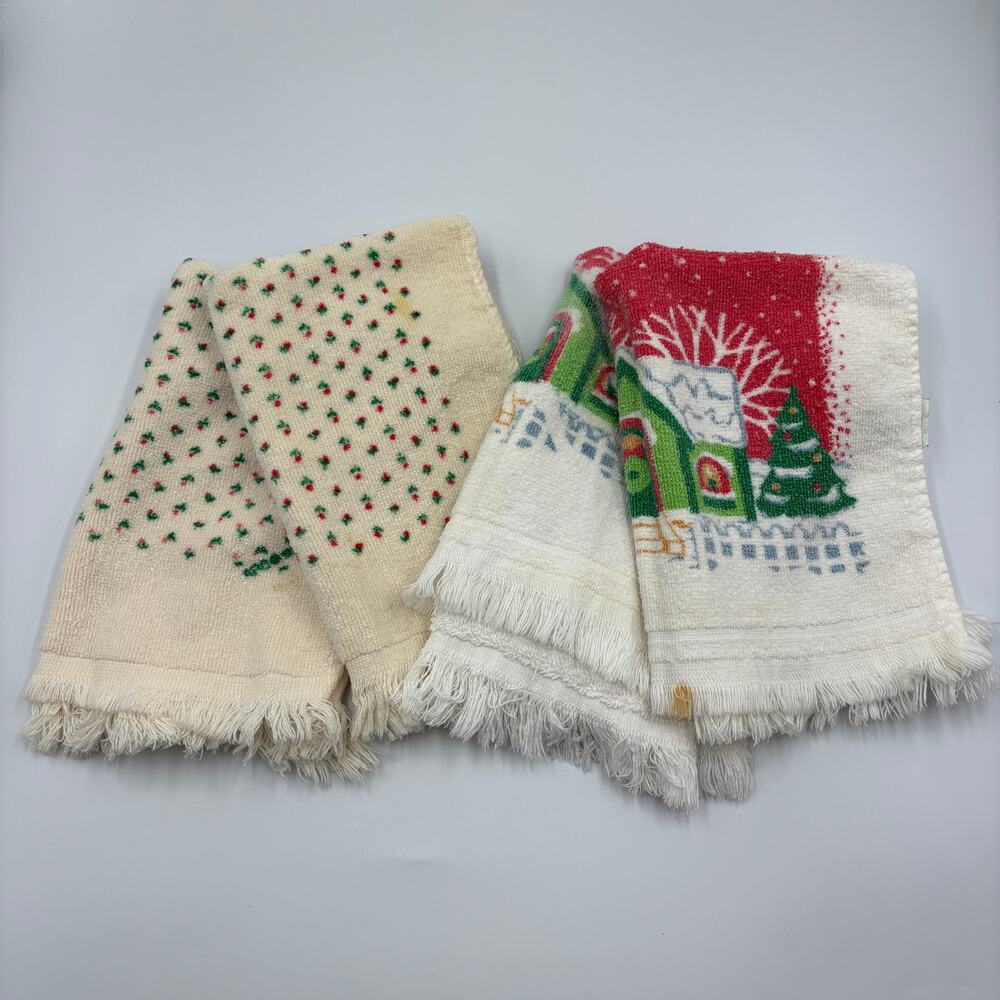Vintage Christmas Themed Kitchen Hand Towels Winter Fringe R.A. Briggs  Noel